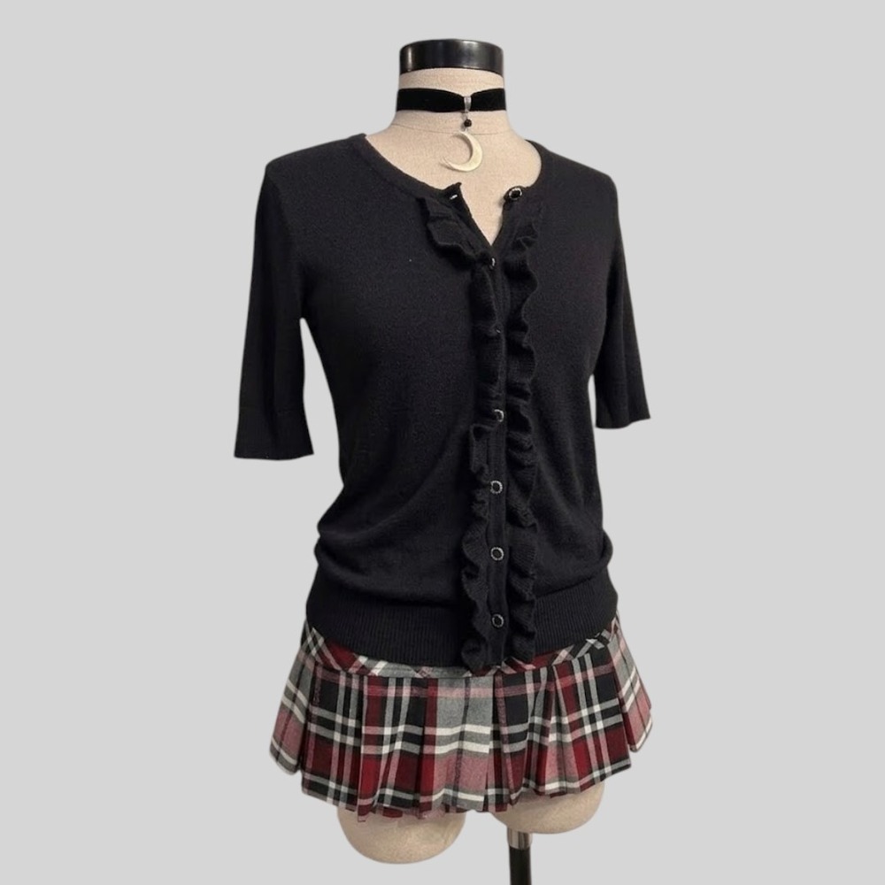 Vintage Black Ruffle Short Sleeve Cardigan XSMALL Office Business Preppy Classy
